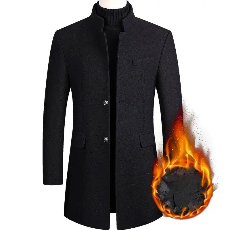 BROWON men's black wool trench coat, business casual winter coat with stand collar