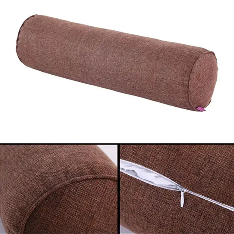 Cylindrical cotton-linen pillow case, brown with visible zipper closure.