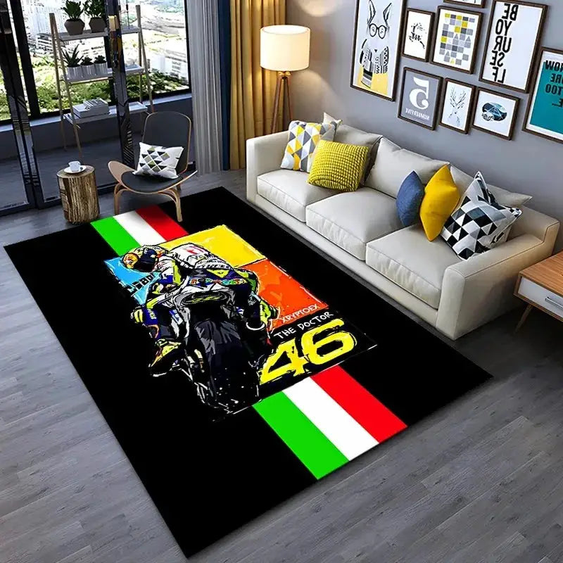 Doctor Cartoon Head Yellow Racing Theme Rug With Number 46 Signature For Living Room And Bedroom Decor