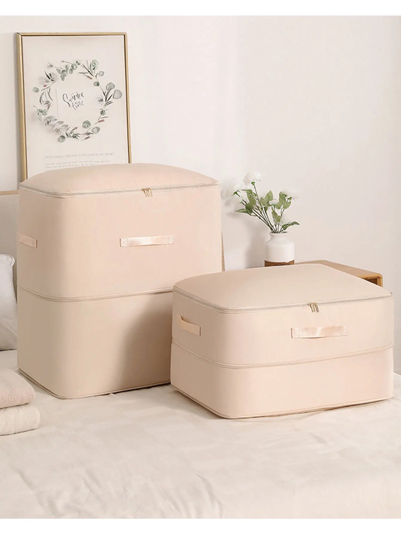 Simples Market beige gongsatin compression packing cubes, dustproof and foldable; two large moisture-proof storage bags.