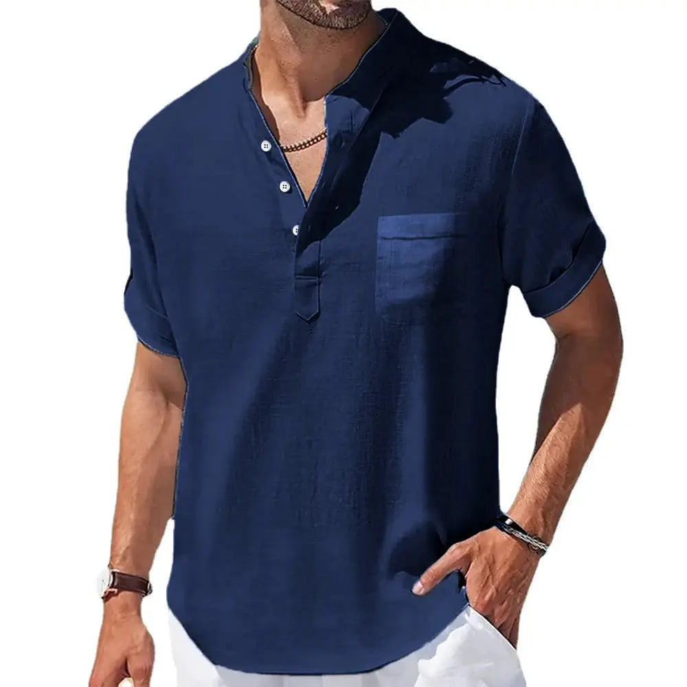 Men's navy linen short-sleeve shirt with chest pocket and breathable stand-up collar, Simples Market