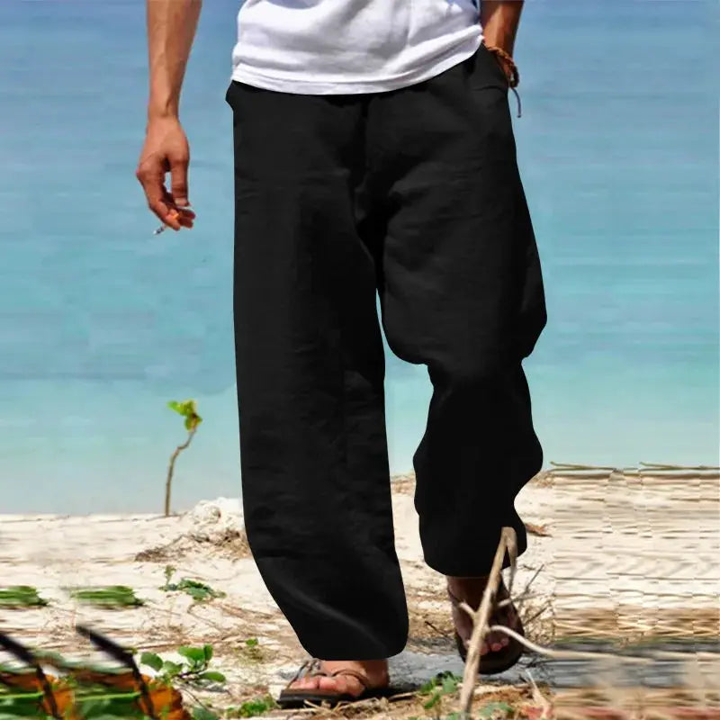 Men's black cotton-linen jogger pants with drawstring, breathable loose-fit casual trousers.