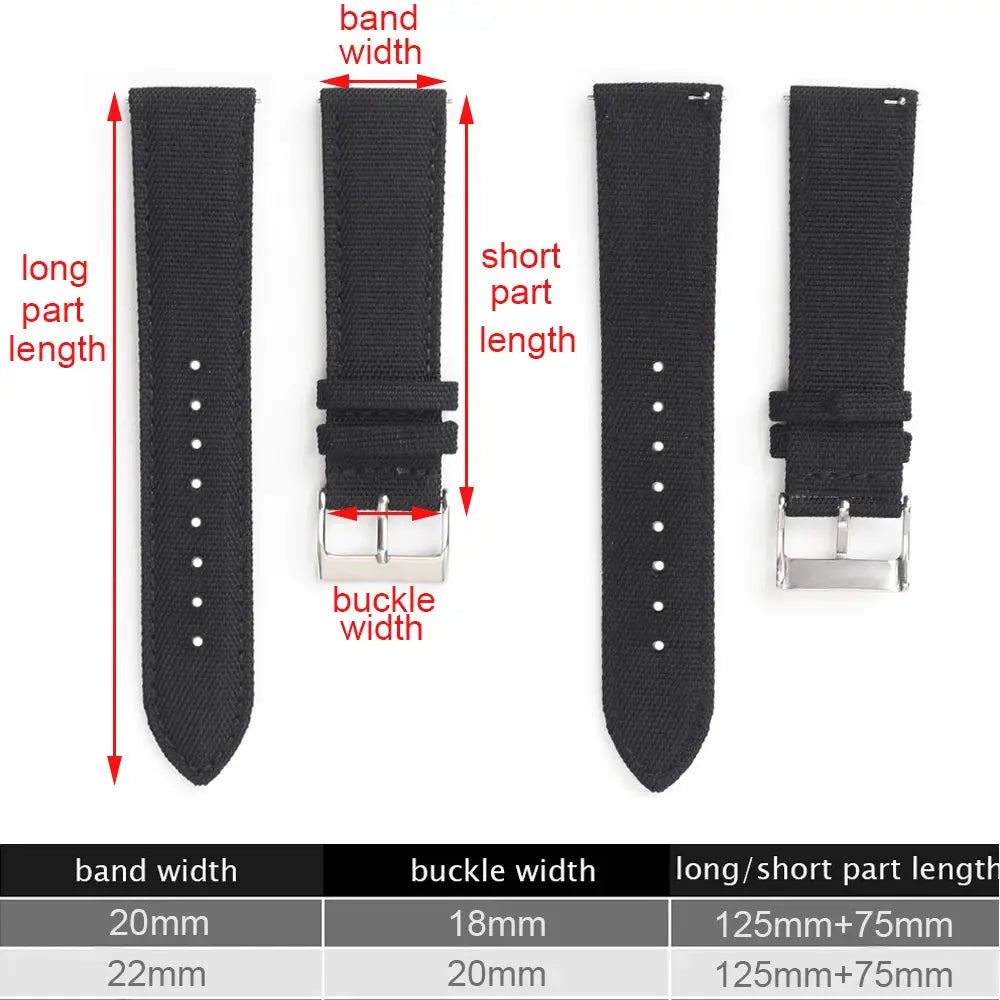 Black waterproof sailcloth nylon watch strap, two-sided quick-release sport band for men, 18-24mm widths