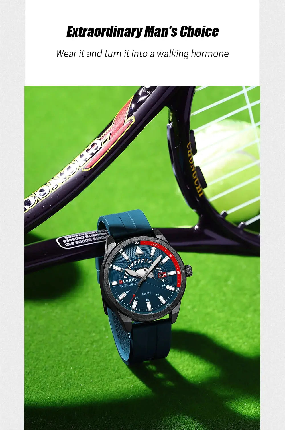 Curren men's sport wristwatch with blue dial and silicone strap, waterproof.