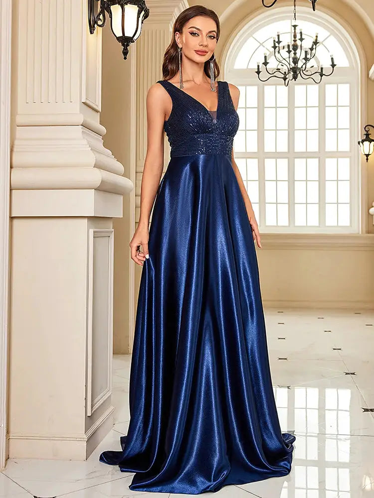 Emerald Green Sequin Evening Dress V Neck Satin Prom Floor Length