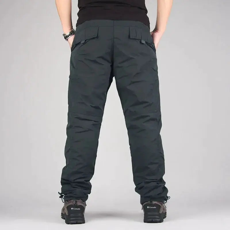 Men's fleece cargo pants by Simples Market, dark green loose tactical joggers with back flap pockets