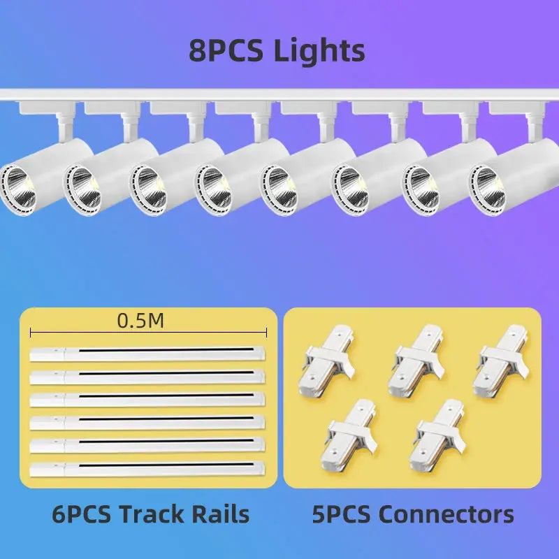 8-piece LED track lighting kit with white track and 8 spotlights; includes 6 rails and 5 connectors