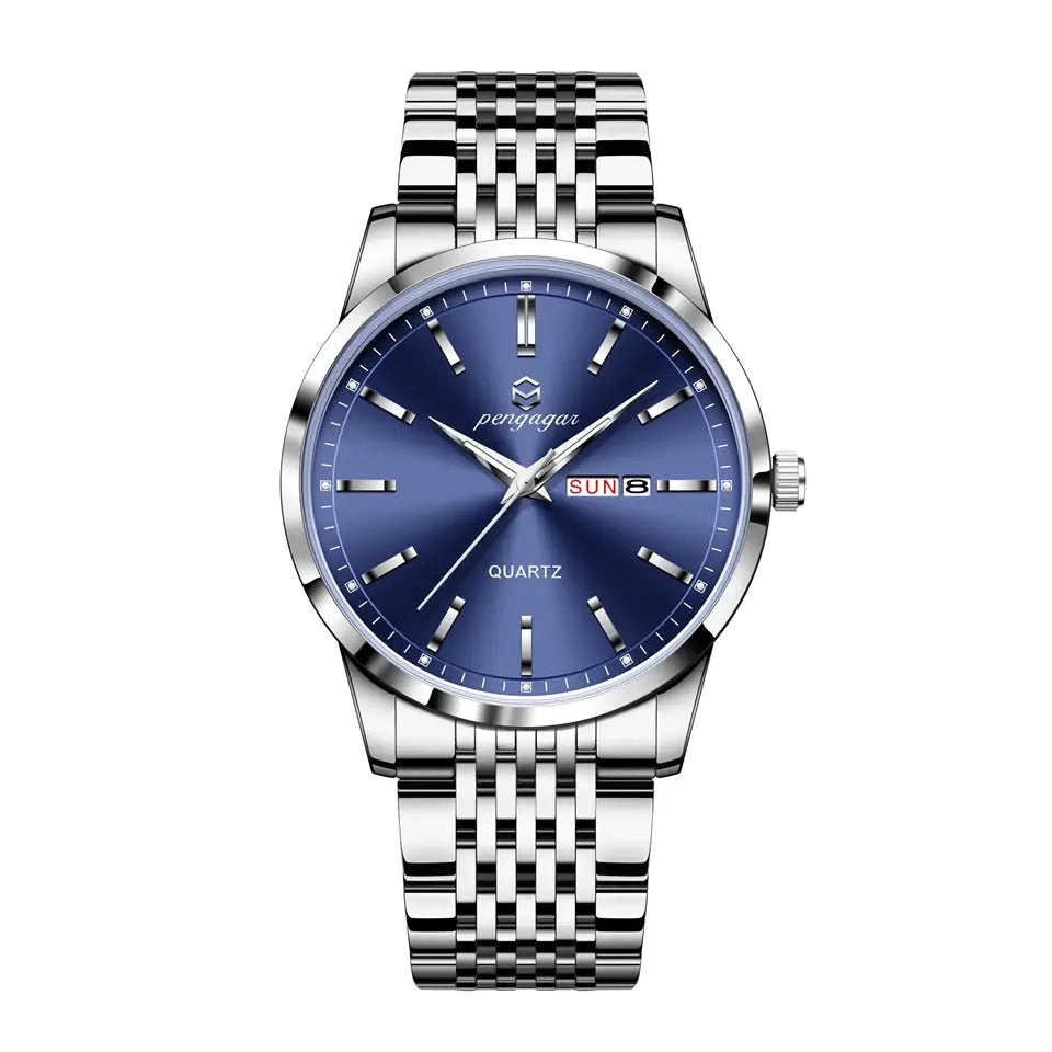 PAAZOMU men's luxury stainless steel watch with blue dial and day-date display