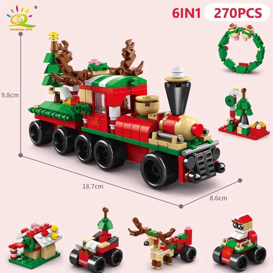 HUIQIBAO 6 In 1 Christmas Building Blocks Set Elk Deer Santa Claus Snow House Xmas Tree Bricks Toys for Children Gifts