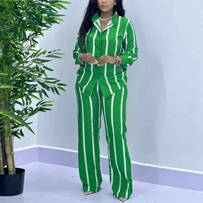 African Stripe Two Piece Set Women Spring Button Top Wide Leg Pants