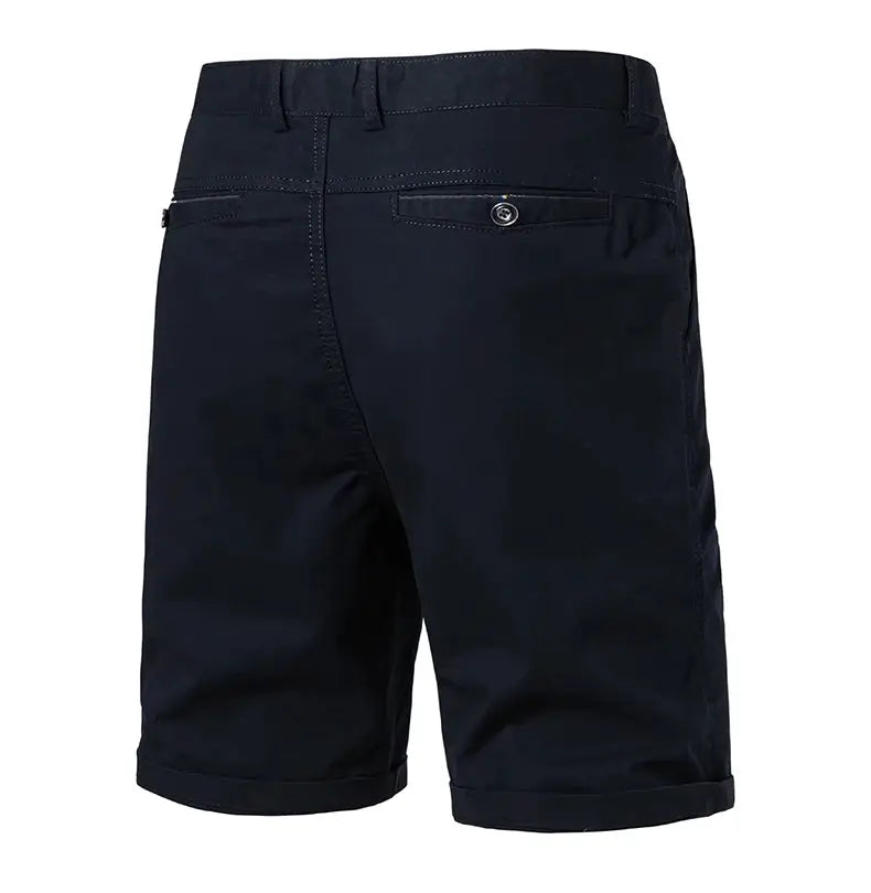 Simples Market navy cotton men's shorts, back view with single button pocket and rolled hems