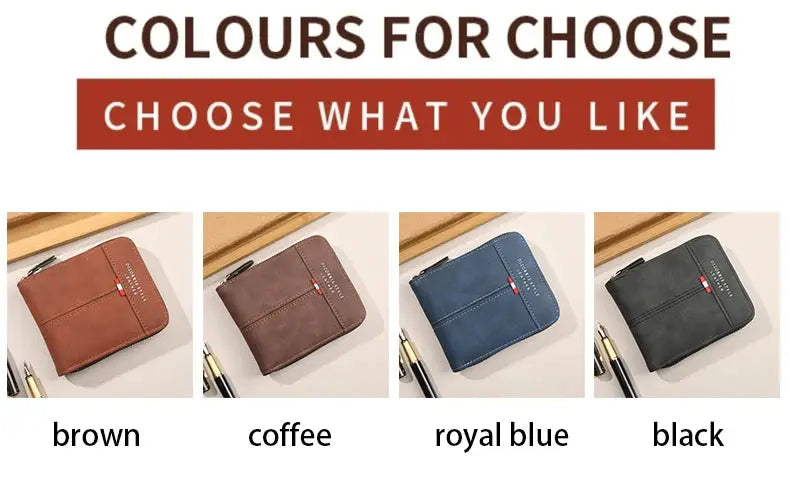 Set of four men's wallets with horizontal zipper, 3-fold retro style; colors brown, coffee, royal blue, black