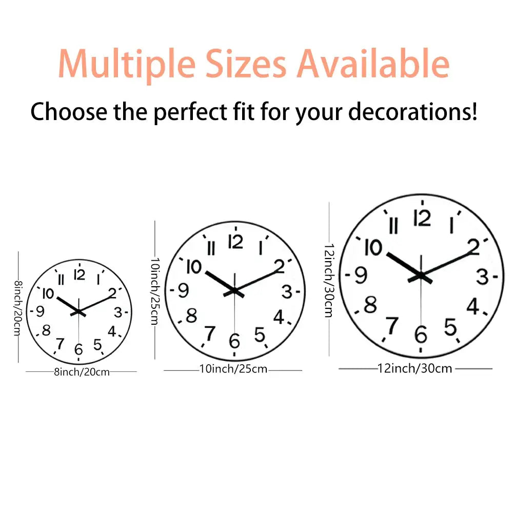 Modern minimalist wall clocks set with white faces and black numerals in 8in, 10in, and 12in sizes.