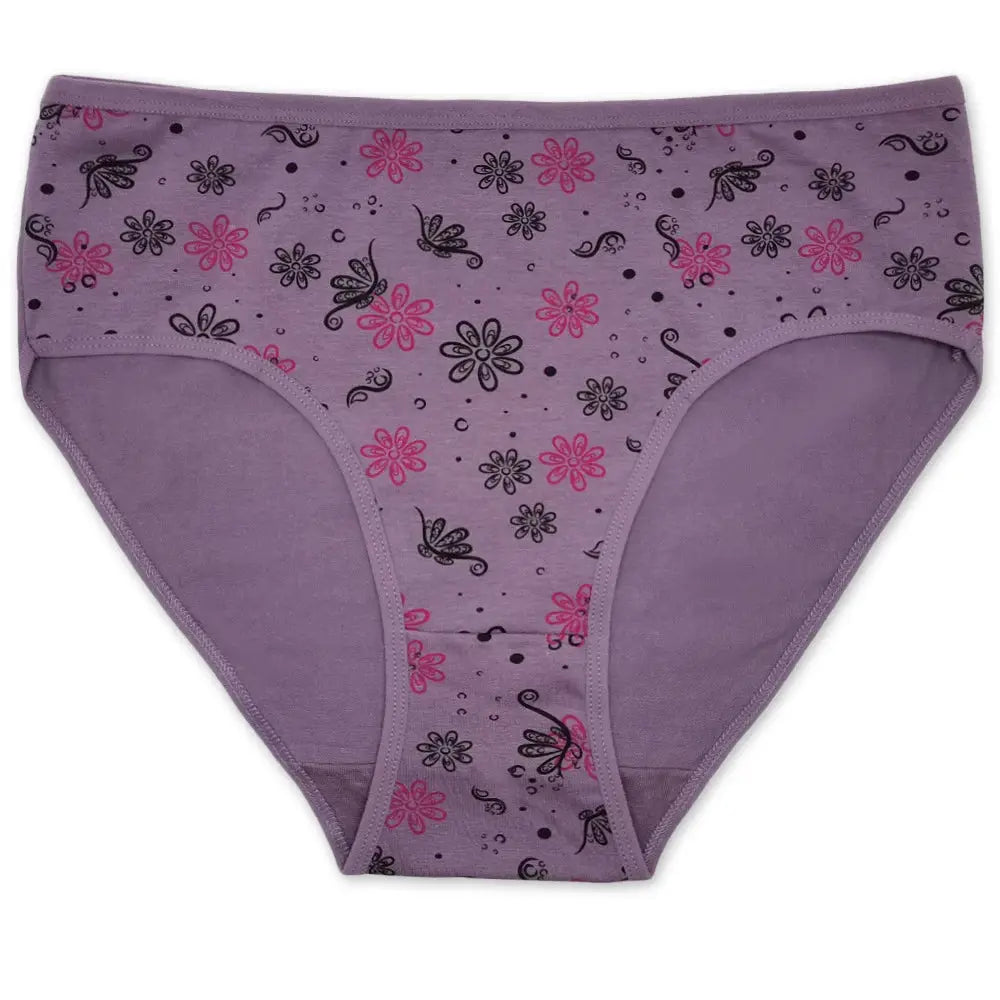 Women’s cotton briefs in lavender with pink and black floral print, mid-rise style.