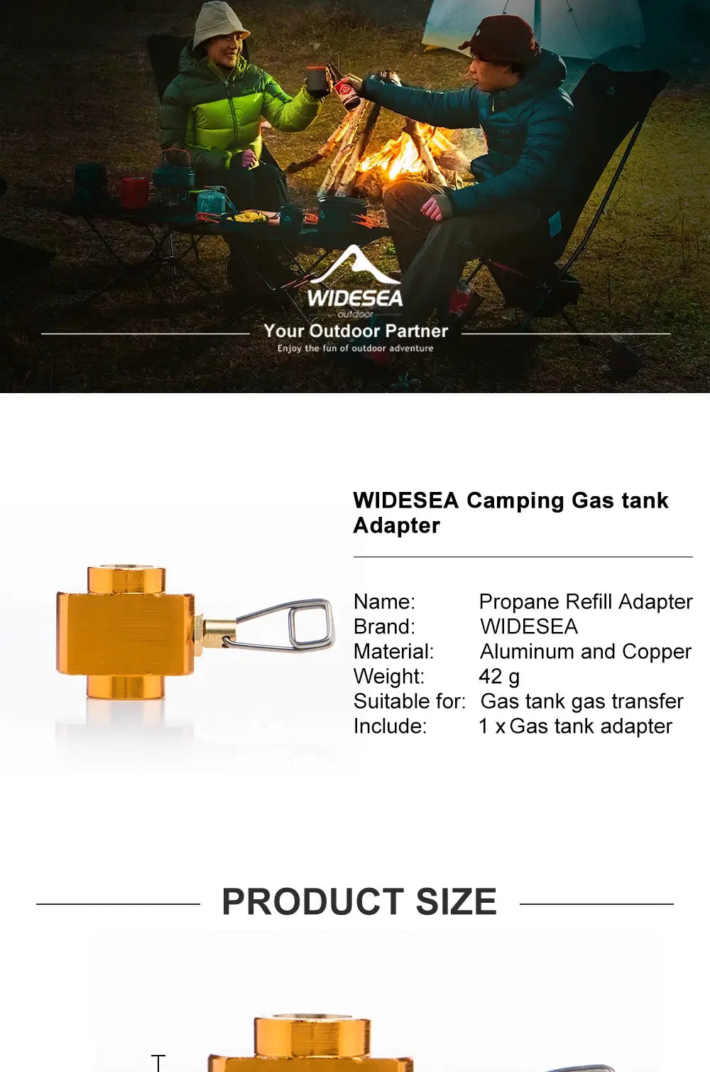 Widesea camping gas tank adapter; orange aluminum and copper, 1 unit
