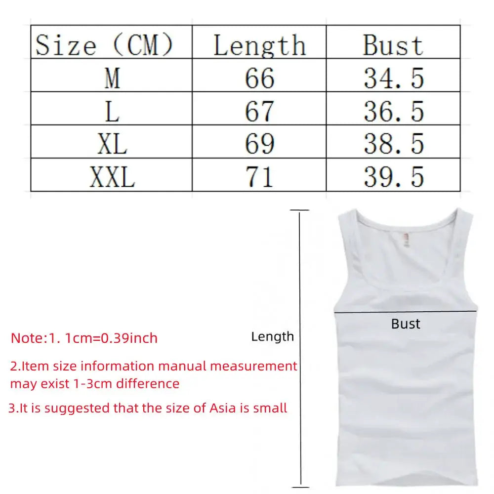 Tank top white cotton sleeveless for fitness with size chart M-XXL showing length and bust.