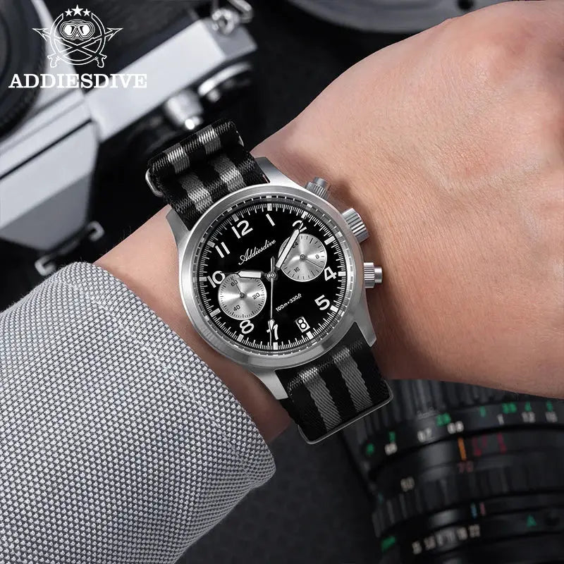 Addiesdive men's chronograph watch with black dial, silver subdials, striped NATO strap on a stainless steel case