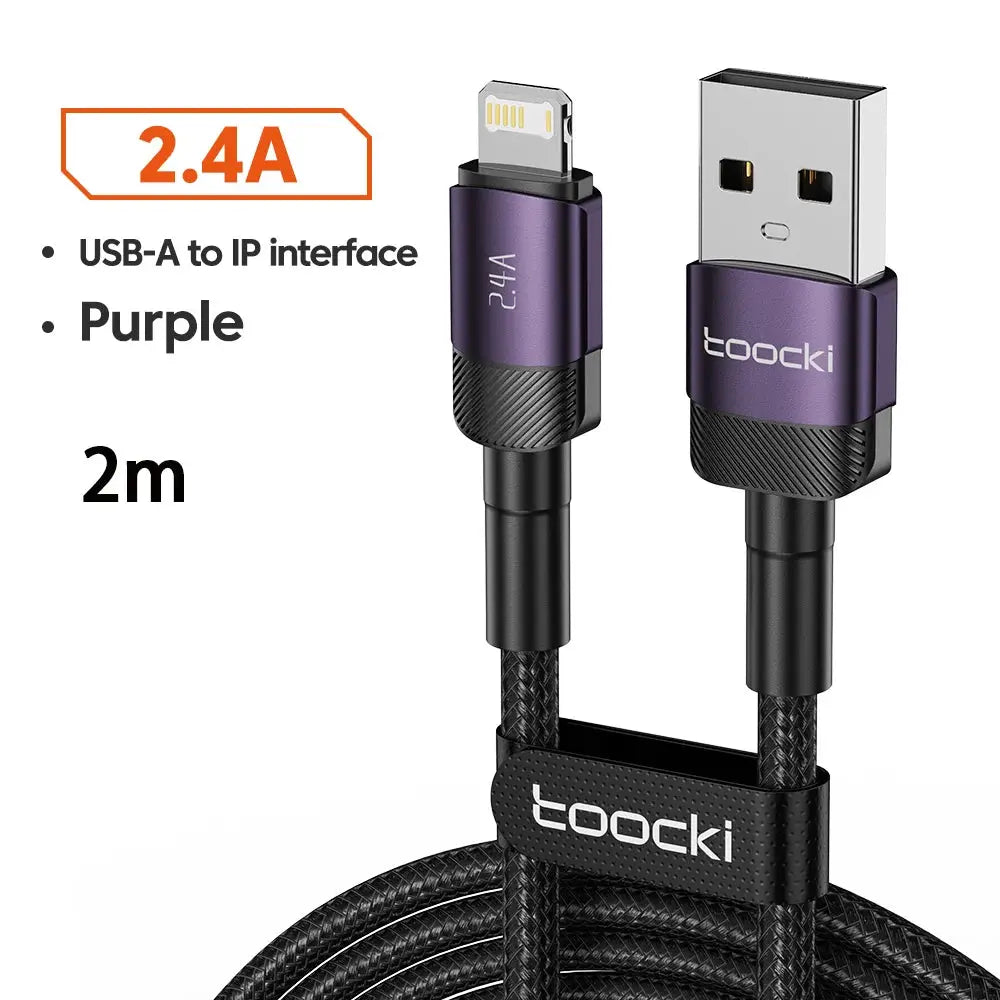 Toocki USB A to Lightning iPhone charging cable, purple aluminum connectors, 2m braided cord.