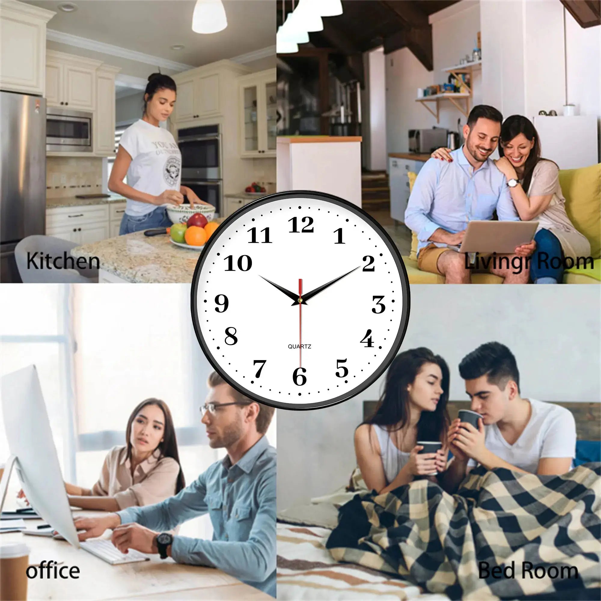 8-inch silent white wall clock by Simples Market, battery-powered quartz, shown in a home collage.