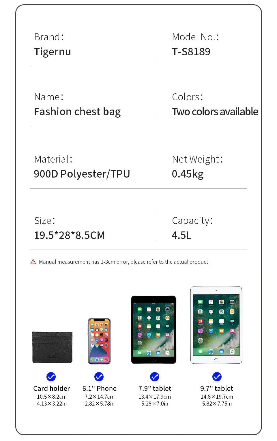 Tigernu chest bag for men by Simples Market; two colors, 4.5L capacity, 0.45kg, size 19.5x28x8.5cm.