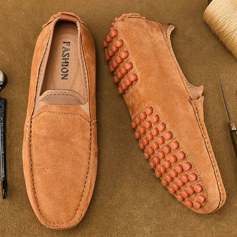 Simples Market men's driving shoes; tan suede loafers with studded detailing (2 shoes shown)