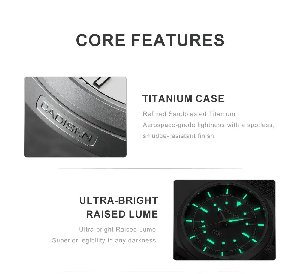 CADISEN TI-7 watch; titanium case with green luminous dial