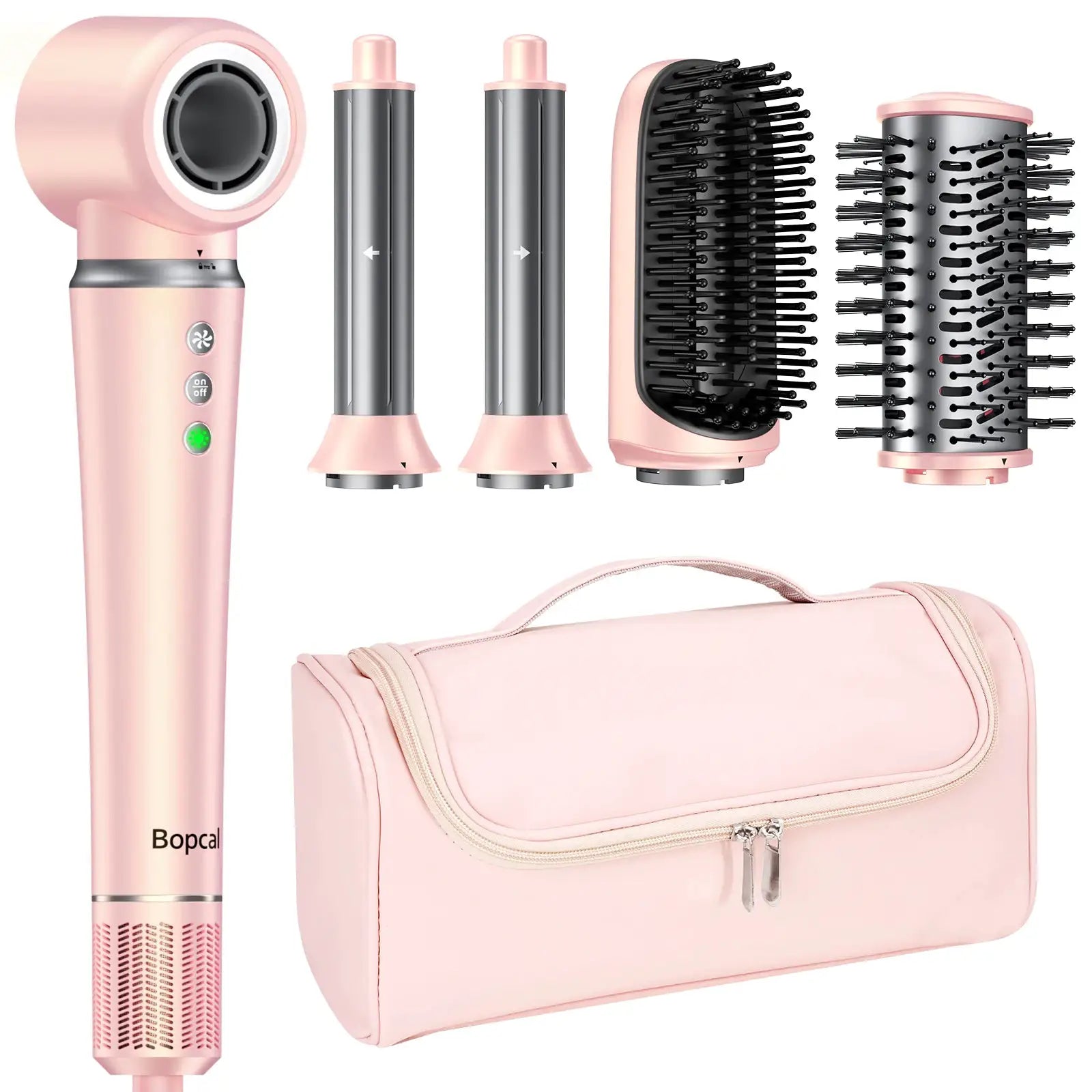 Simples Market pink 5-in-1 high-speed hair dryer set with 2 barrels, paddle brush, and case