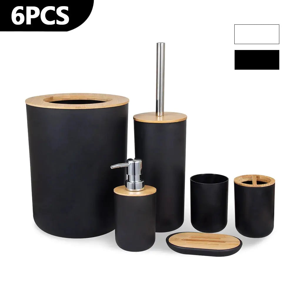 6-piece black bamboo bathroom set: soap dispenser, lotion bottle, toothbrush cup, toilet brush, trash can, box