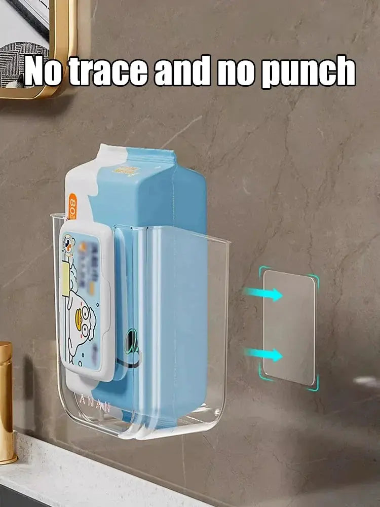 Simples Market wall-mounted tissue box holder in blue with clear exterior and large opening for wet tissues