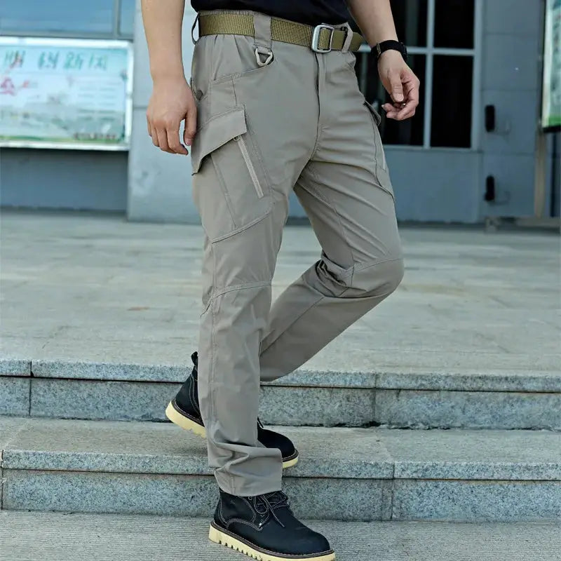 Military tactical cargo pants for men in khaki with multiple pockets and knee panels