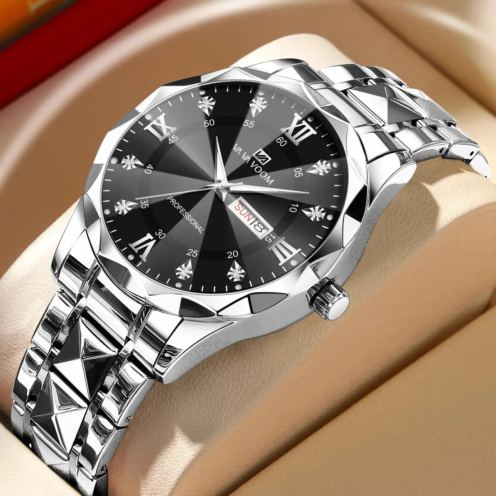 LuxeTime Mens Watch Diamond Luxury Double Calendar Quartz Movement 41mm Blue Gold Stainless Steel Night Glow