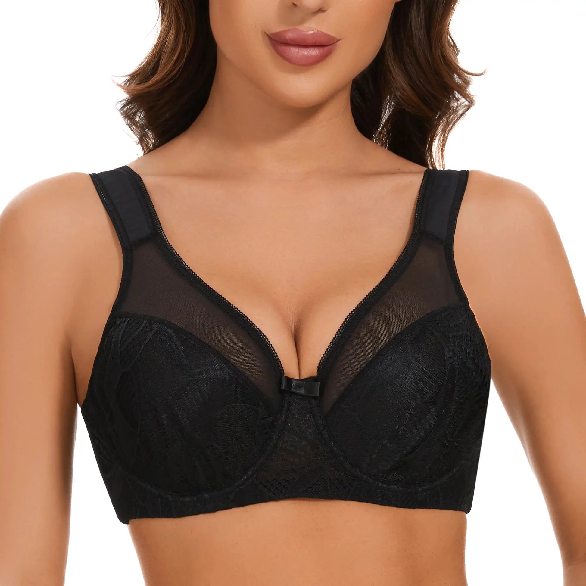 Sheroine plus-size underwire lace floral full-coverage black unpadded bra, Simples Market