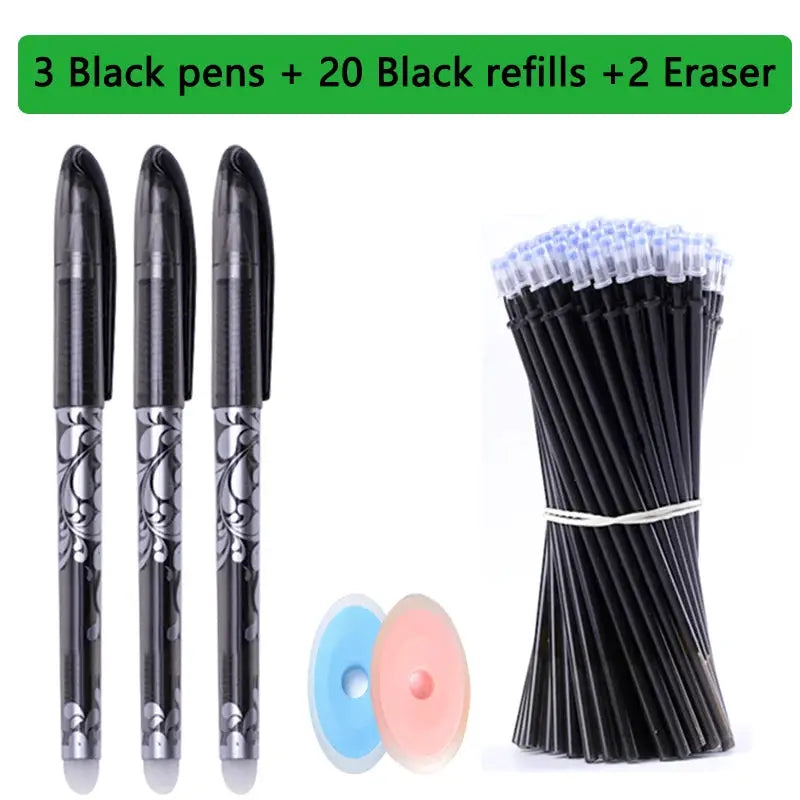 Kawaii erasable gel pen set with 3 black pens, 20 refills and 2 erasers