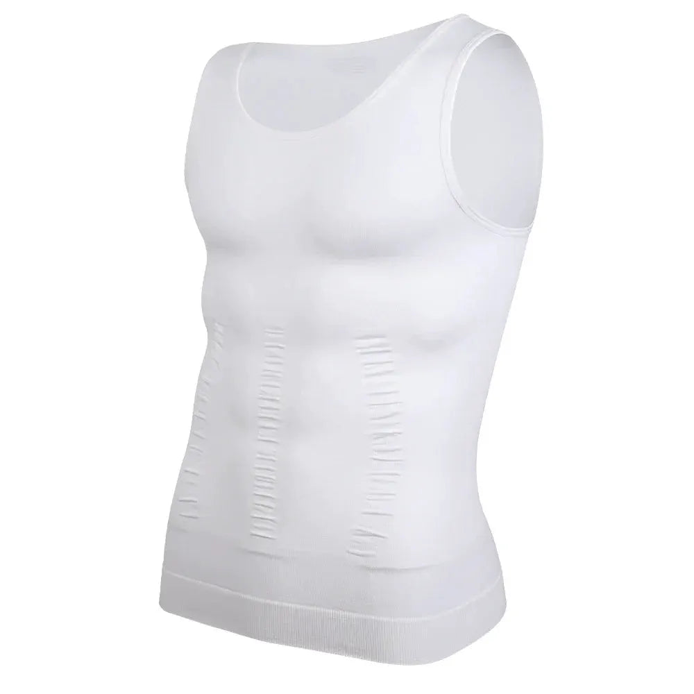 Simples Market men's compression shirt tank top, white body shaper with tummy-control panels.