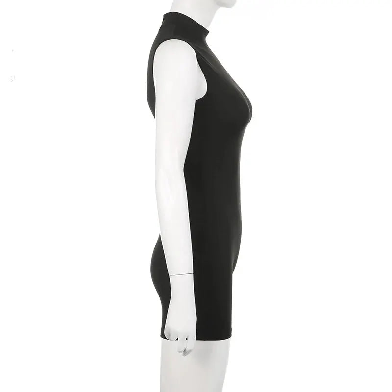 Women's black sleeveless jumpsuit with invisible zipper and high-neck design