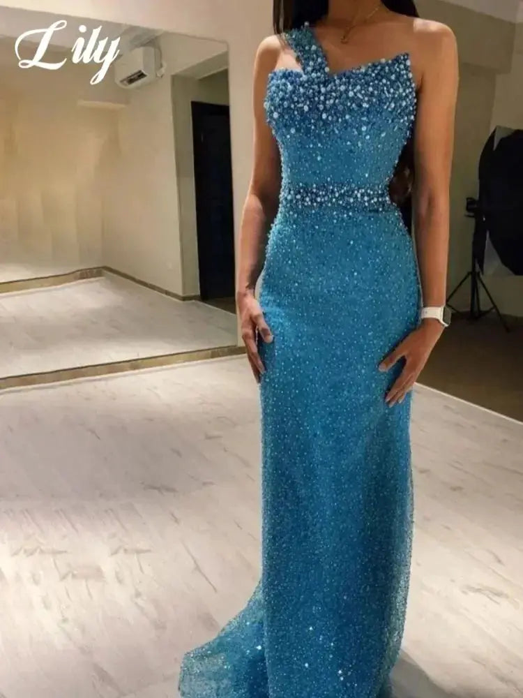 Lily Blue Prom Dress One Shoulder Sleeveless Mermaid Gown Rhinestones