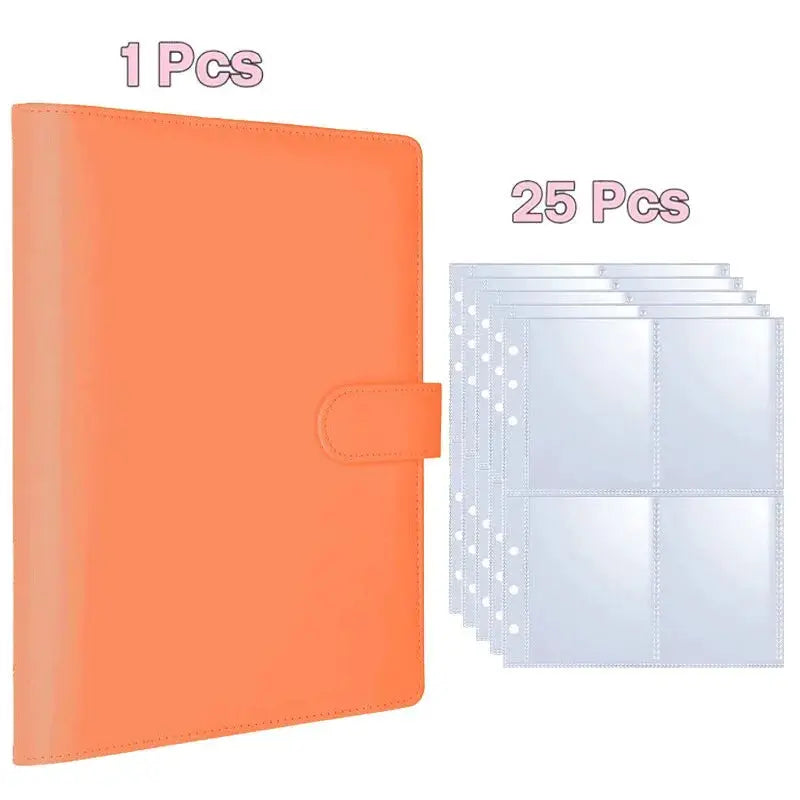 Orange PU leather A5 photocard binder with 25 pages featuring 4-grid photo slots for K-pop idol cards