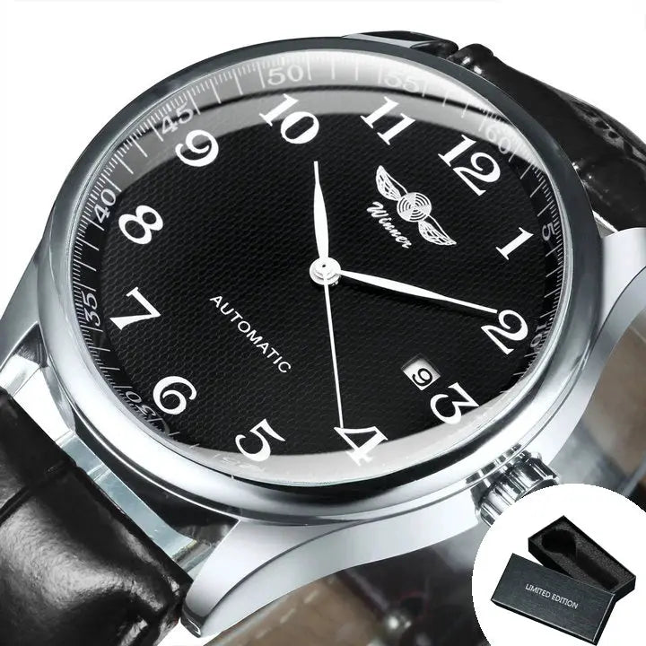 Winner men's automatic wristwatch with black dial and leather strap, date display