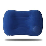 Blue inflatable neck and lumbar support pillow, portable camping and pool pillow with air valve