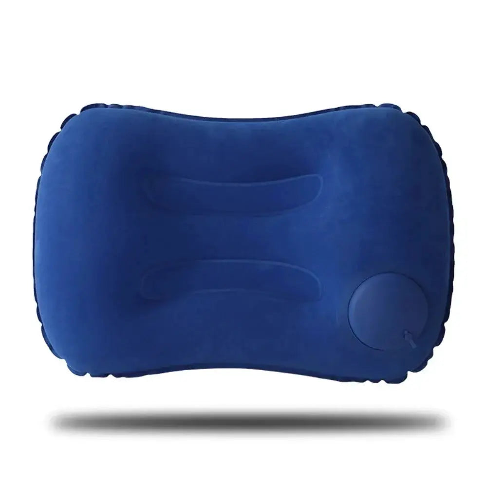 Blue inflatable neck and lumbar support pillow, portable camping and pool pillow with air valve