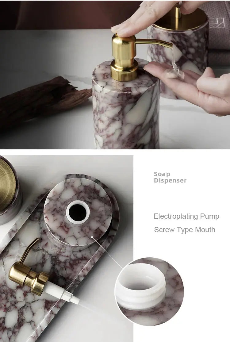 Calacatta Viola marble bathroom set with gold pump soap dispenser, cotton swabs jar, and matching tray by Simples Market