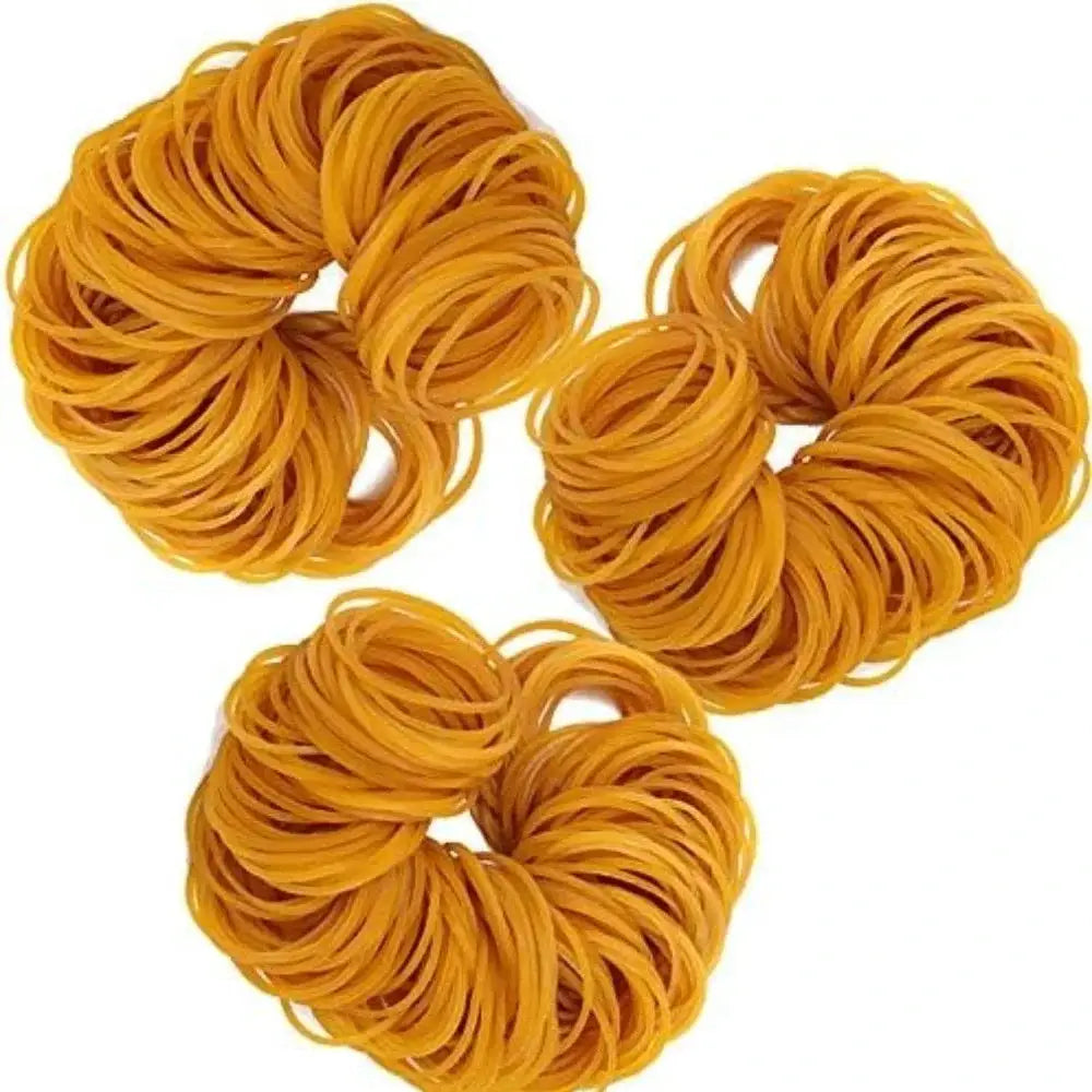 Three bundles of yellow high-elastic rubber bands (O-rings) for stationery use
