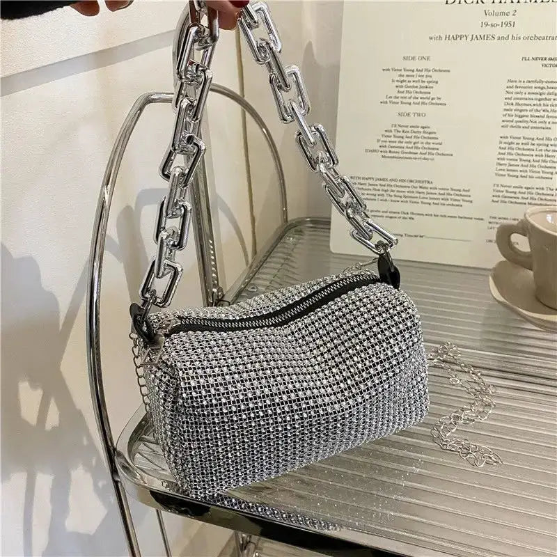 Allover Rhinestone Bucket Bag With Glitter Chain Prom Purse, Women's Mini Crossbody Bag