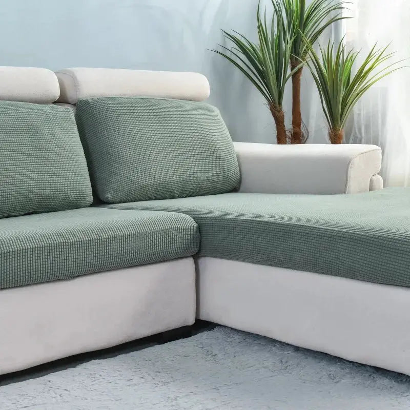 Thick elastic sofa cover for living room in sage green; removable slipcover for sectional cushions