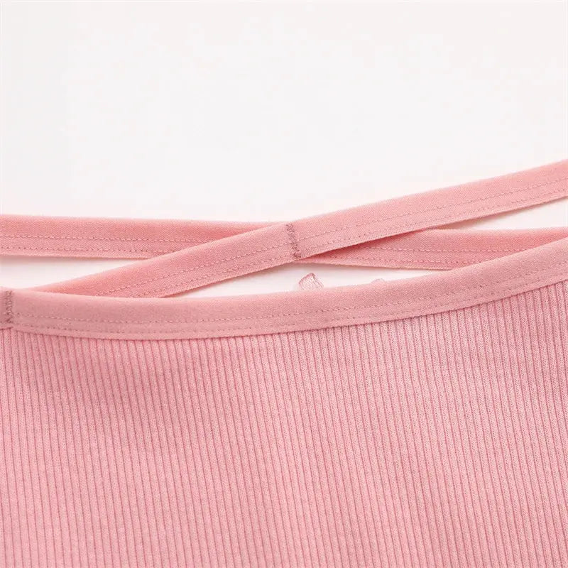 Pink cotton panties for women, ribbed fabric with cross-strap waistband detail