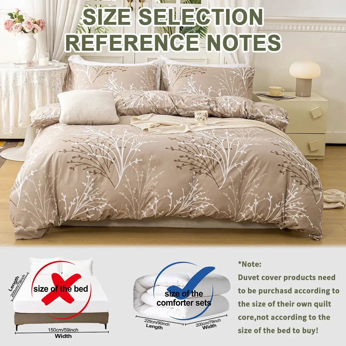 Simples Market 3-piece leaf floral duvet cover set (1 duvet cover + 2 pillowcases) in beige; soft, skin-friendly bedding.