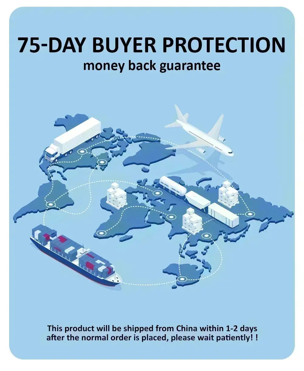 Promotional banner for 75-DAY BUYER PROTECTION with global shipping map, airplane and cargo ships on blue background