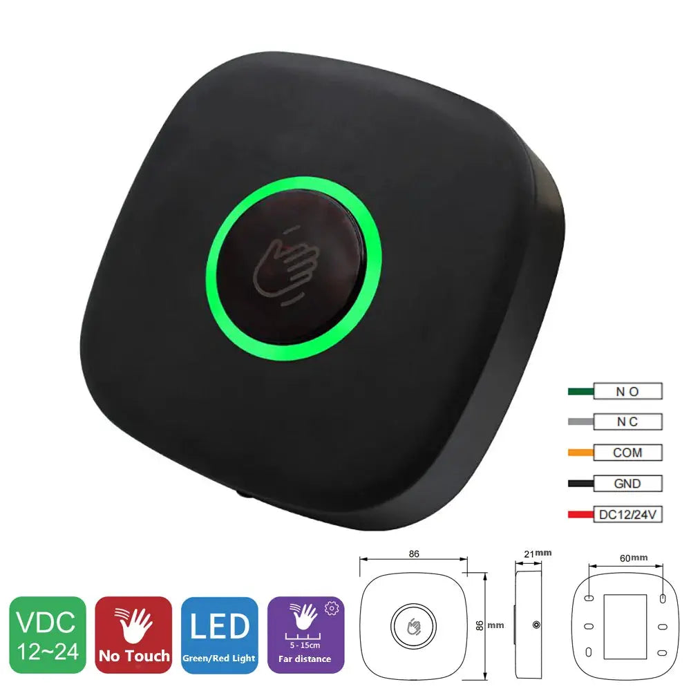 Simples Market 12V touchless exit button, black housing with green ring and infrared sensor
