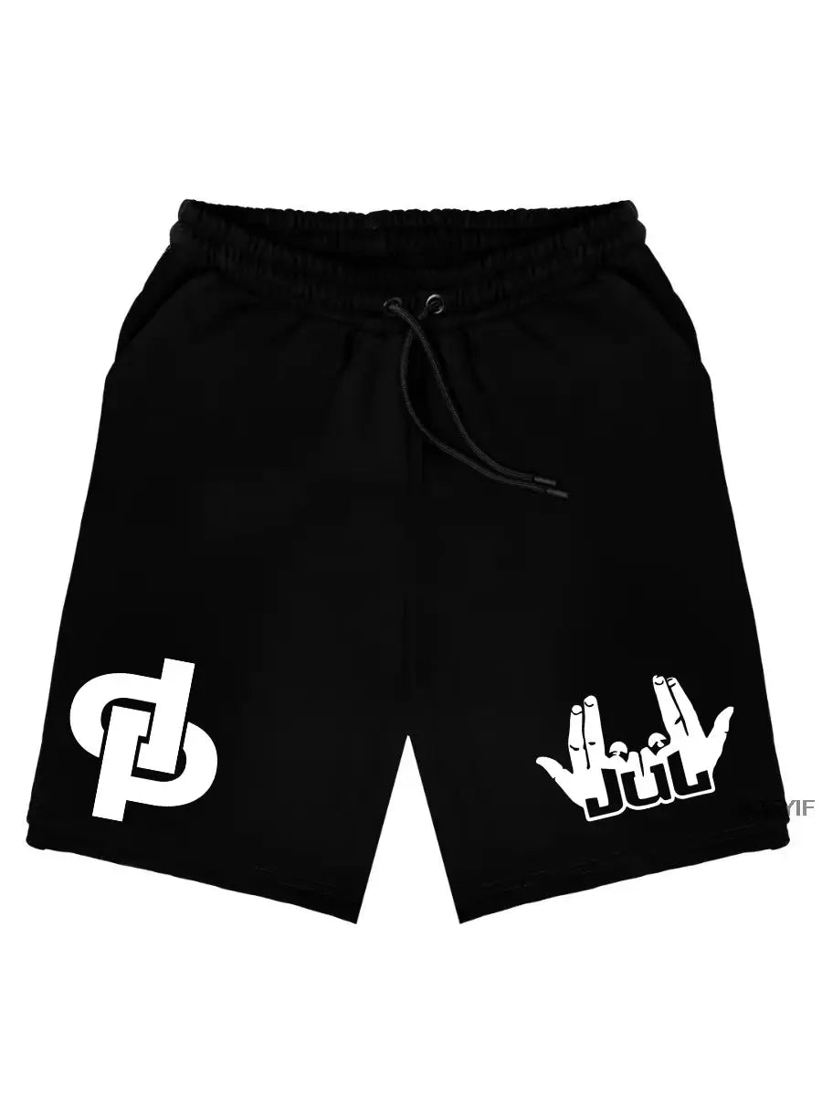 Black cotton shorts with drawstring waist and white graphic logos on front left and right leg