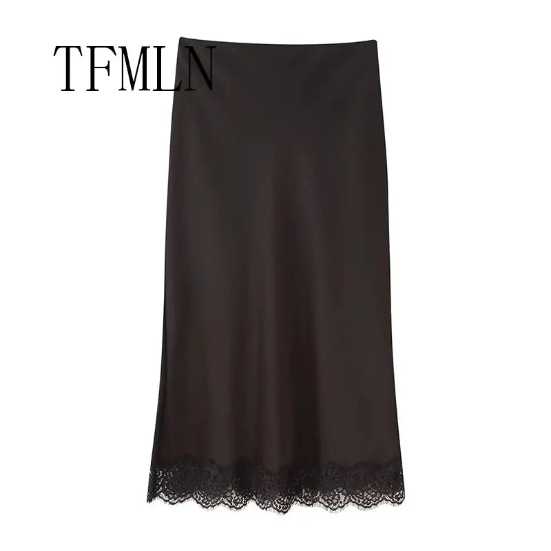 TFMLN satin long wrap-around skirt with scalloped lace hem in dark brown